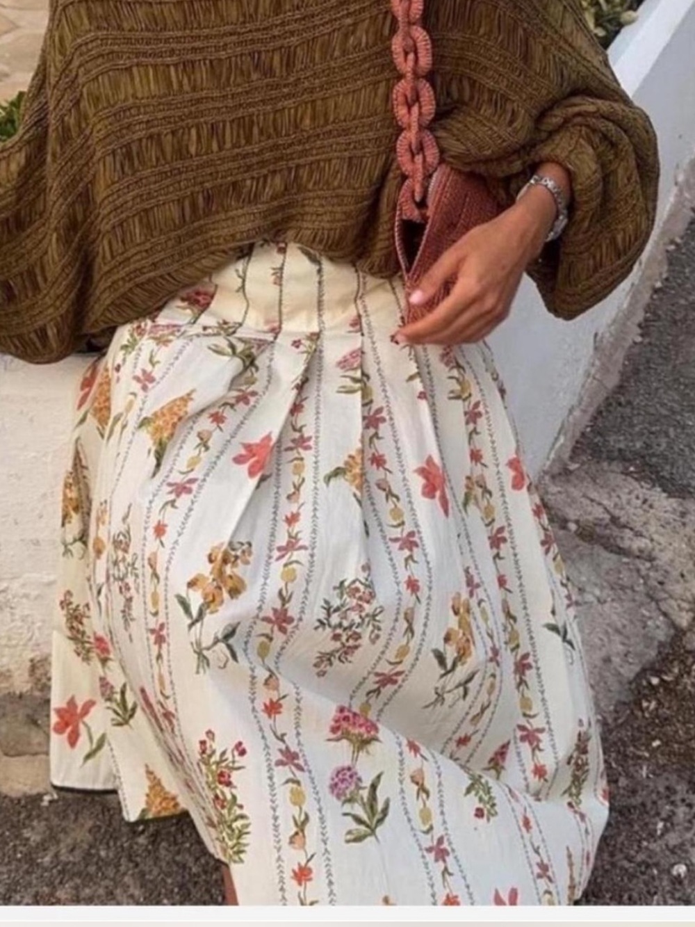 Zara Cream Floral Pleated Maxi Skirt - Picture 3 of 5